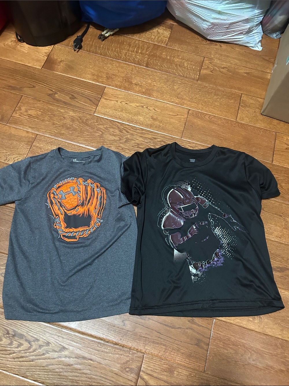 Kids Grey Tee with Orange Glove & Black tee with purple football player